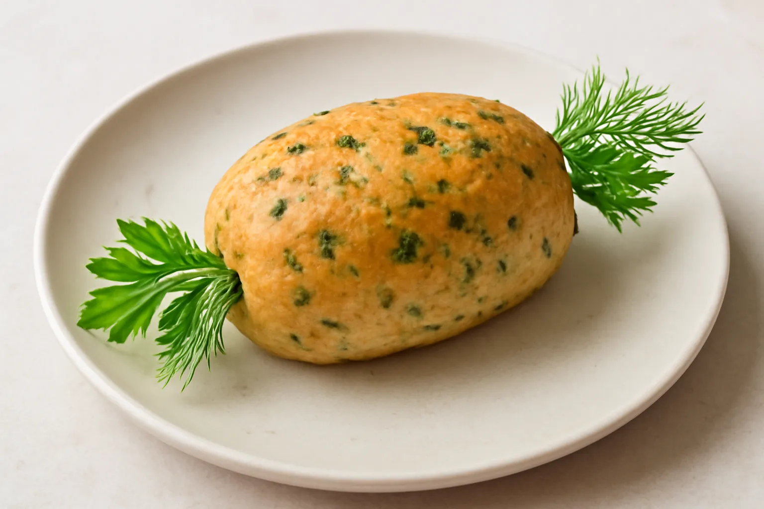 Ổ bánh mì nhỏ đầy nhân với rau thơm xanh nhô ra hai đầu