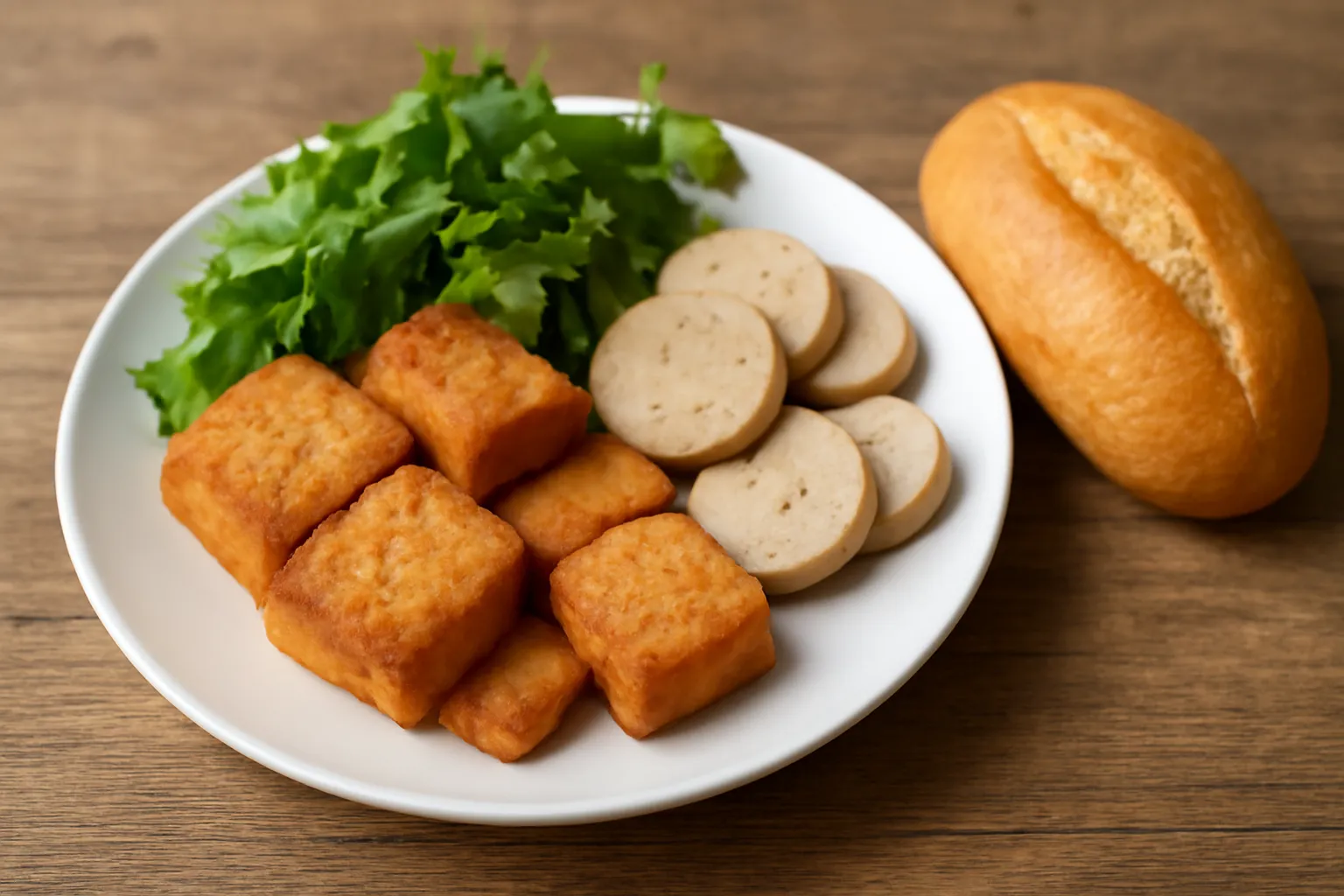 Đĩa bày đậu rán, giò chay thái lát và rau thơm cạnh một ổ bánh mì