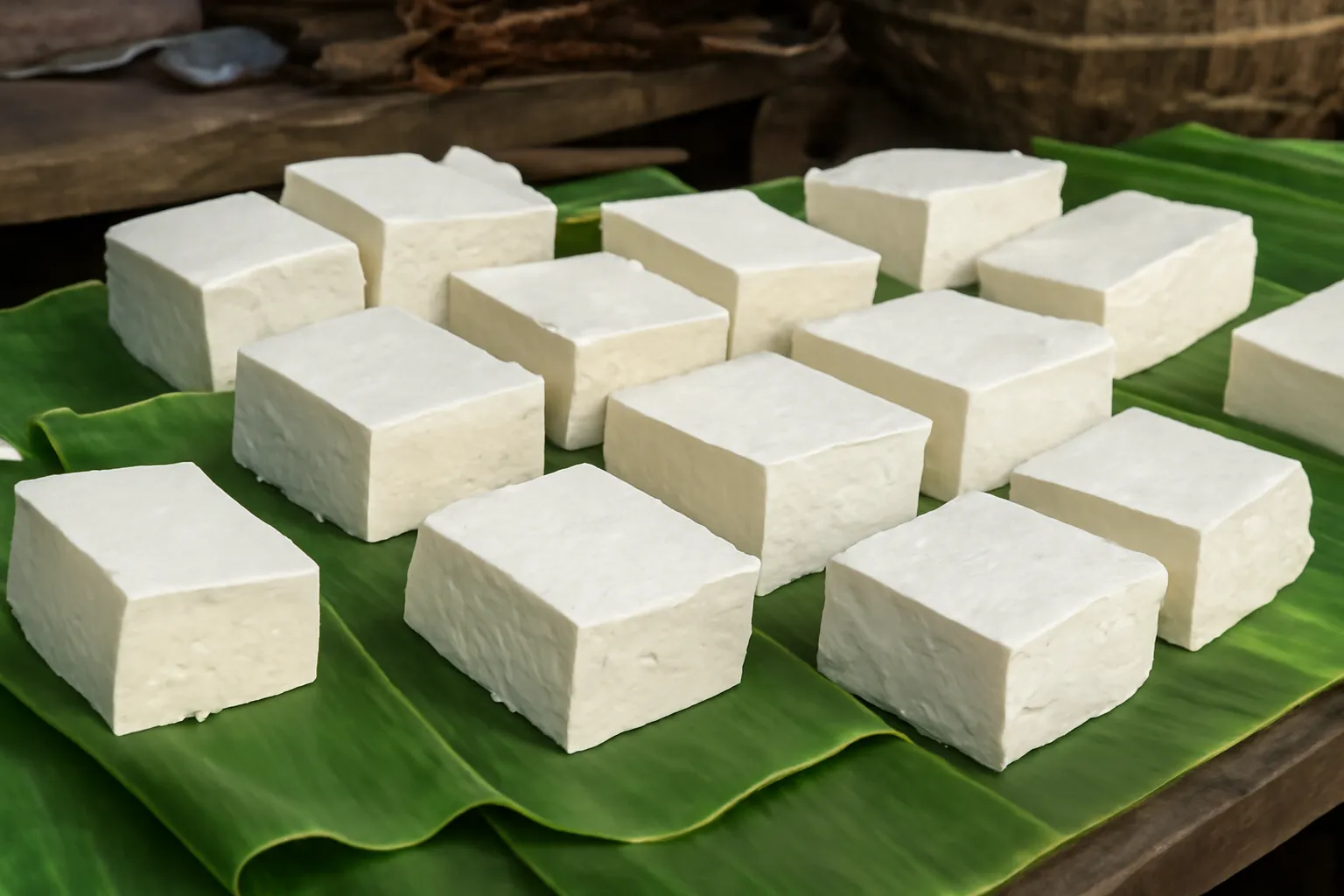Mấy bìa đậu phụ trắng đặt trên lá chuối tại một sạp chợ vùng cao
