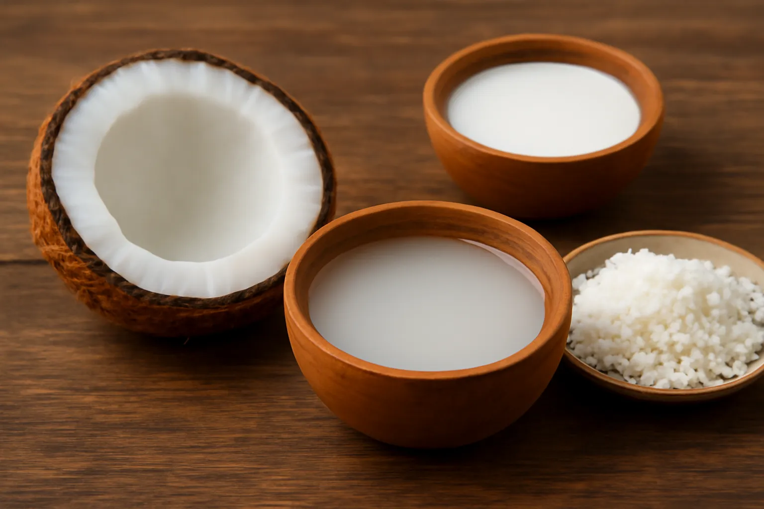 Một quả dừa bổ đôi cùng bát nước dừa, đĩa cơm dừa nạo và bát nước cốt
