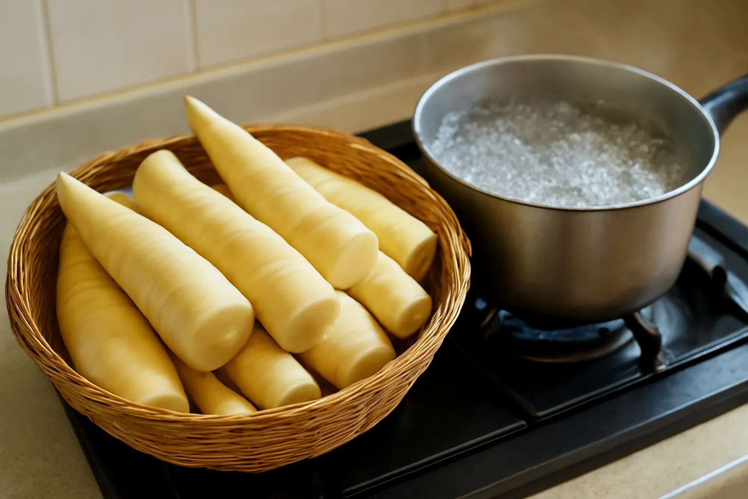 Rổ măng tươi đã bóc vỏ bên cạnh nồi nước đang luộc