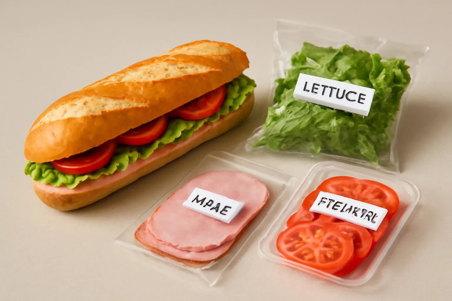 Ổ bánh mì kẹp đặt cạnh vài nguyên liệu mua ở siêu thị nước ngoài