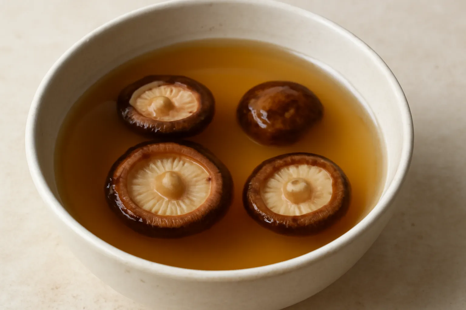 Bát nước dùng trong với vài tai nấm hương nổi trên mặt
