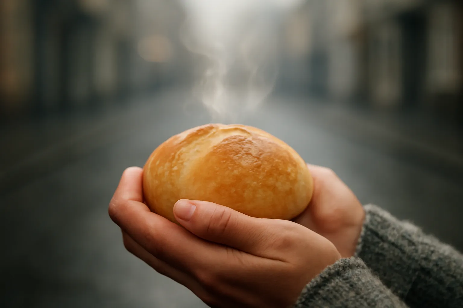 Ổ bánh mì nóng bốc hơi nhẹ trên tay trong buổi sáng lạnh