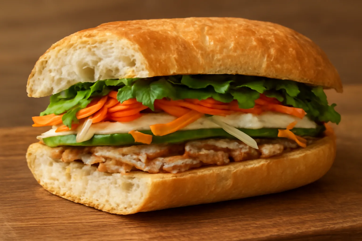 Ổ bánh mì cắt ngang bày rõ các lớp nhân từ dưới lên trên