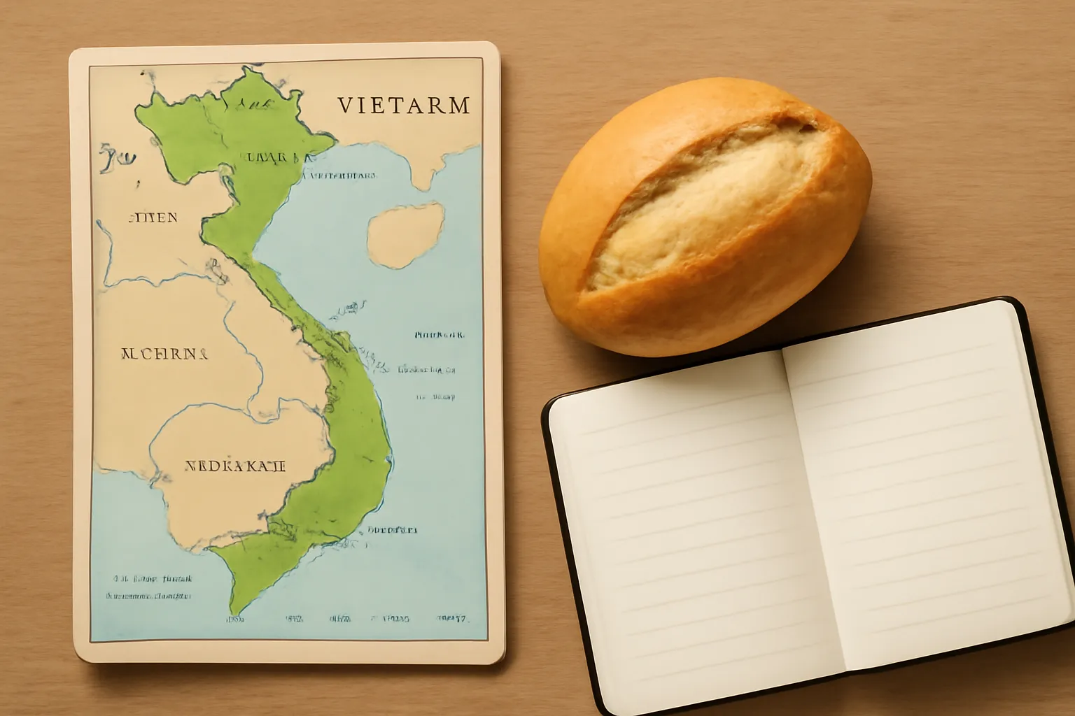 Bản đồ Việt Nam đặt cạnh một ổ bánh mì và cuốn sổ ghi chép