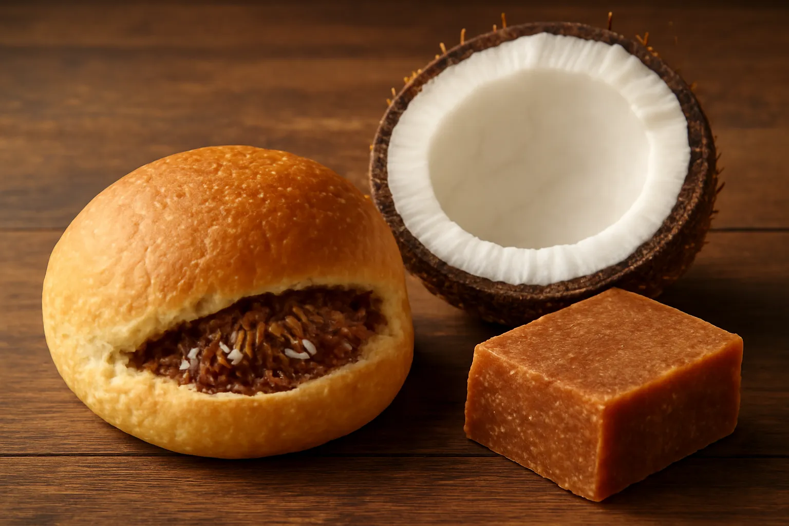 Ổ bánh mì kẹp nhân màu nâu sẫm bên cạnh nửa quả dừa và miếng đường thốt nốt