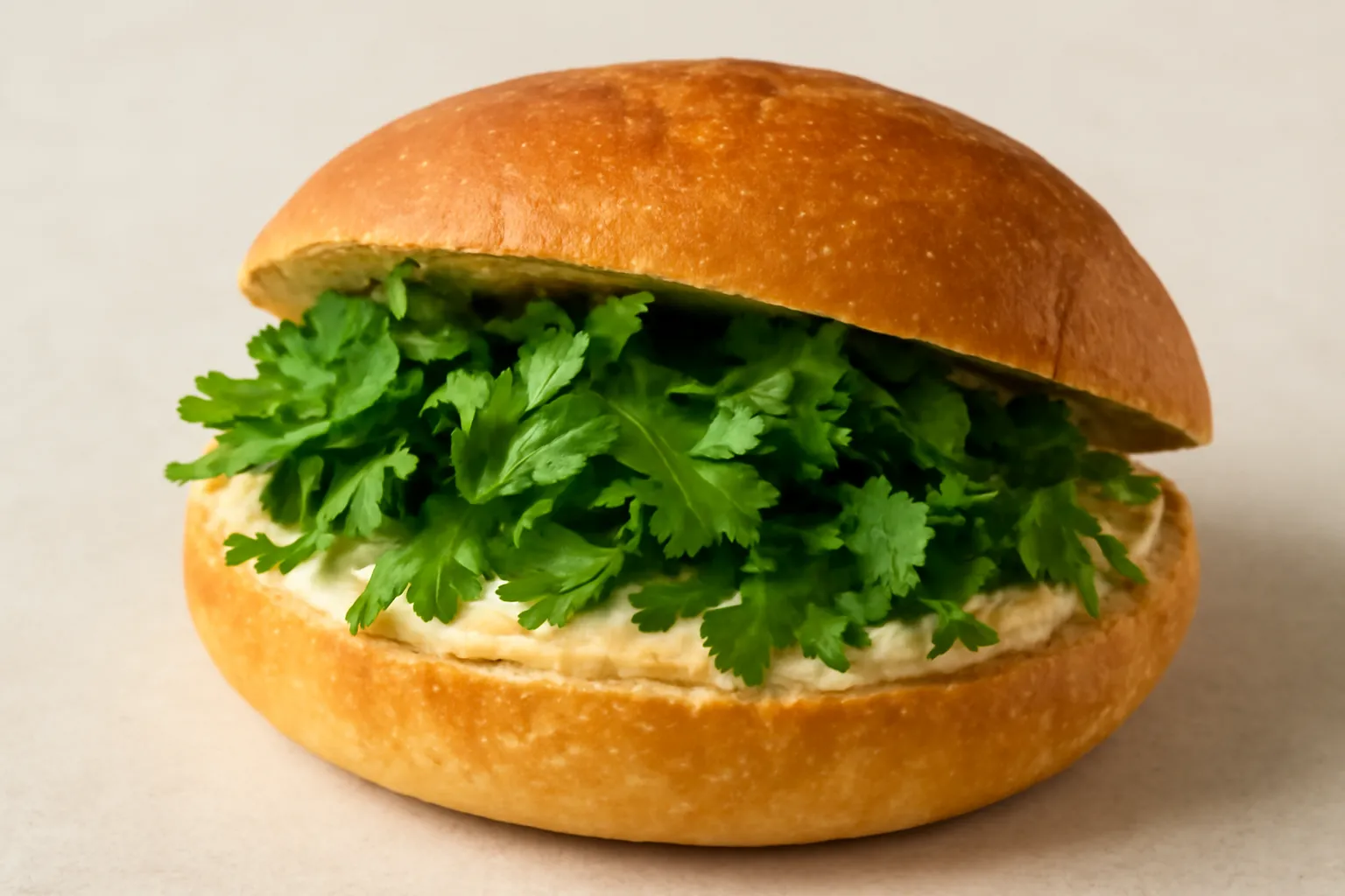 Ổ bánh mì kẹp nhân nhạt màu với nhiều rau thơm xanh bên trên