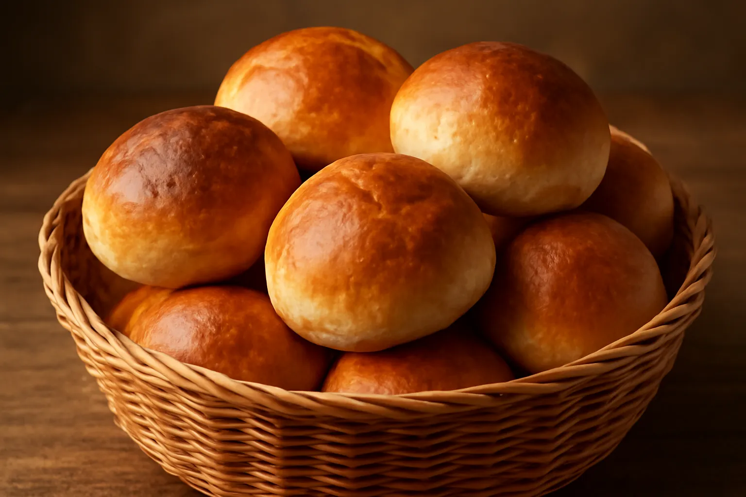Rổ bánh mì mới ra lò với vỏ vàng nâu xếp chồng lên nhau